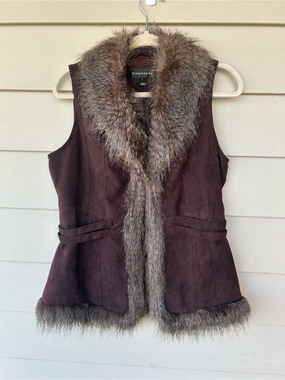 Vintage Brown Faux-Suede Vest with Faux-Fur Trim - Small